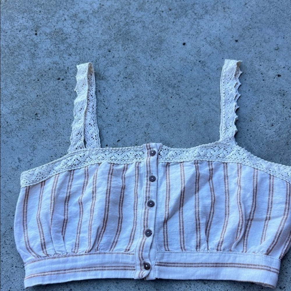 Pull&Bear White and Brown Striped Lace Tank Top